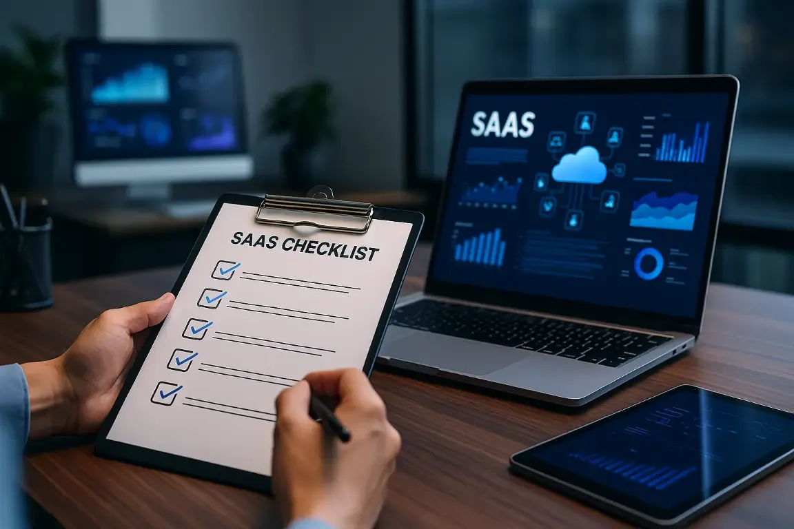 Main cochant une checklist SaaS à côté d’un ordinateur portable