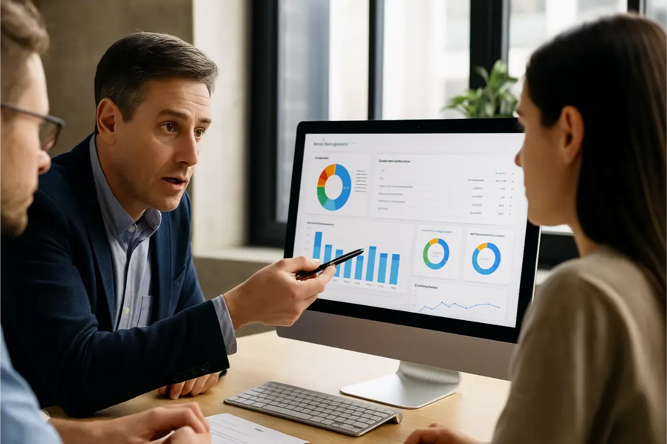 Collaborateurs analysant un tableau de bord d’applications à l’écran