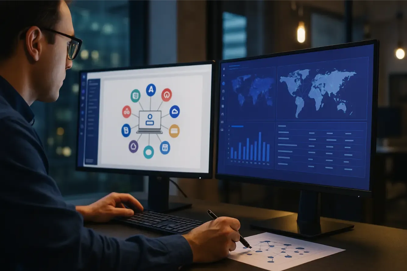Analyste devant deux écrans affichant une carte des applications et un tableau de bord