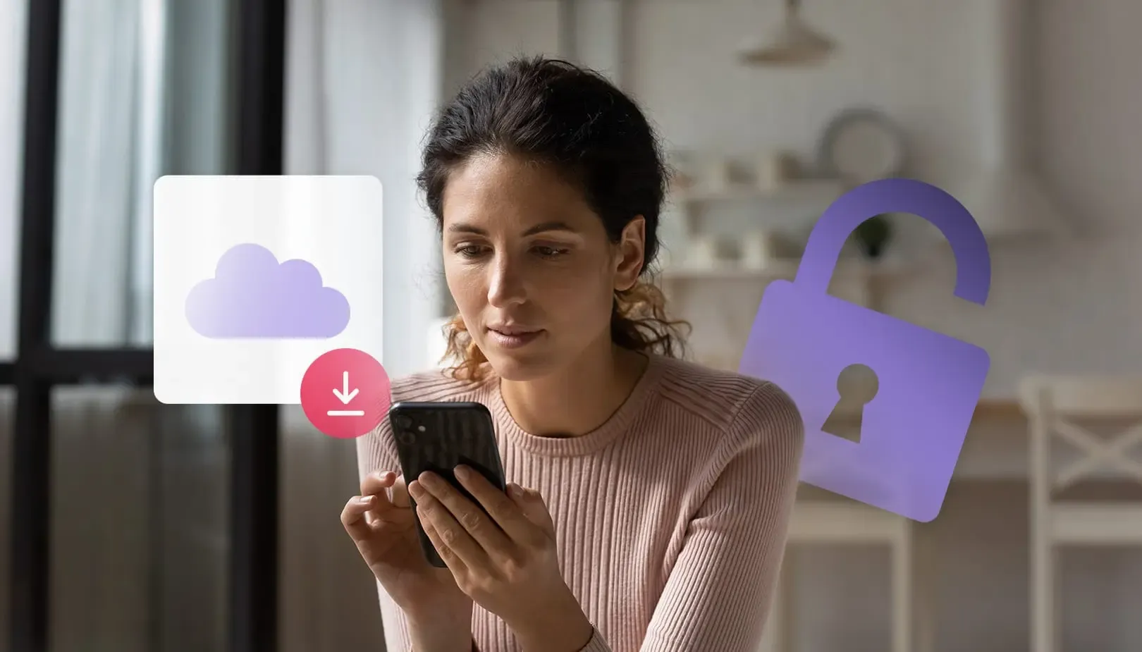 Collaboratrice consultant son téléphone, avec des icônes de cloud et de cadenas