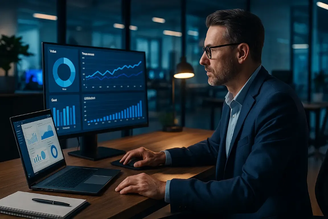 Responsable IT analysant des indicateurs de coûts sur plusieurs écrans