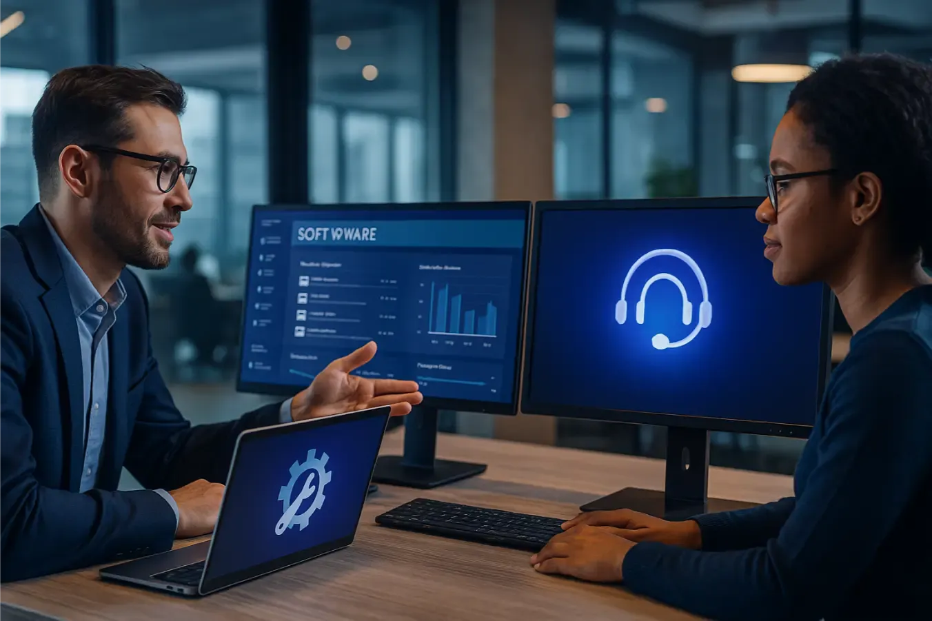 Deux collaborateurs comparant maintenance logicielle et support technique sur leurs écrans
