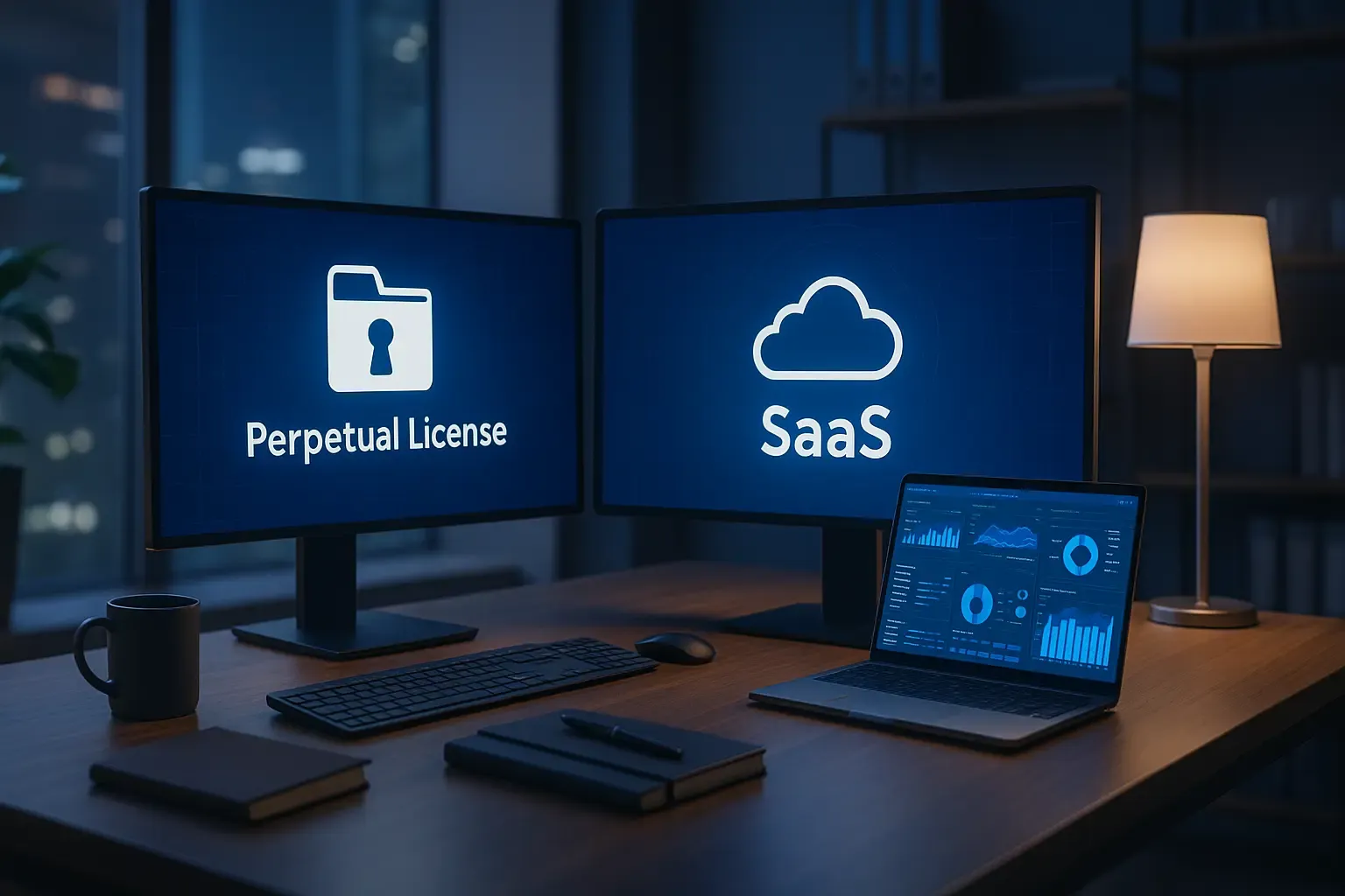 Deux écrans comparant une licence perpétuelle et un abonnement SaaS