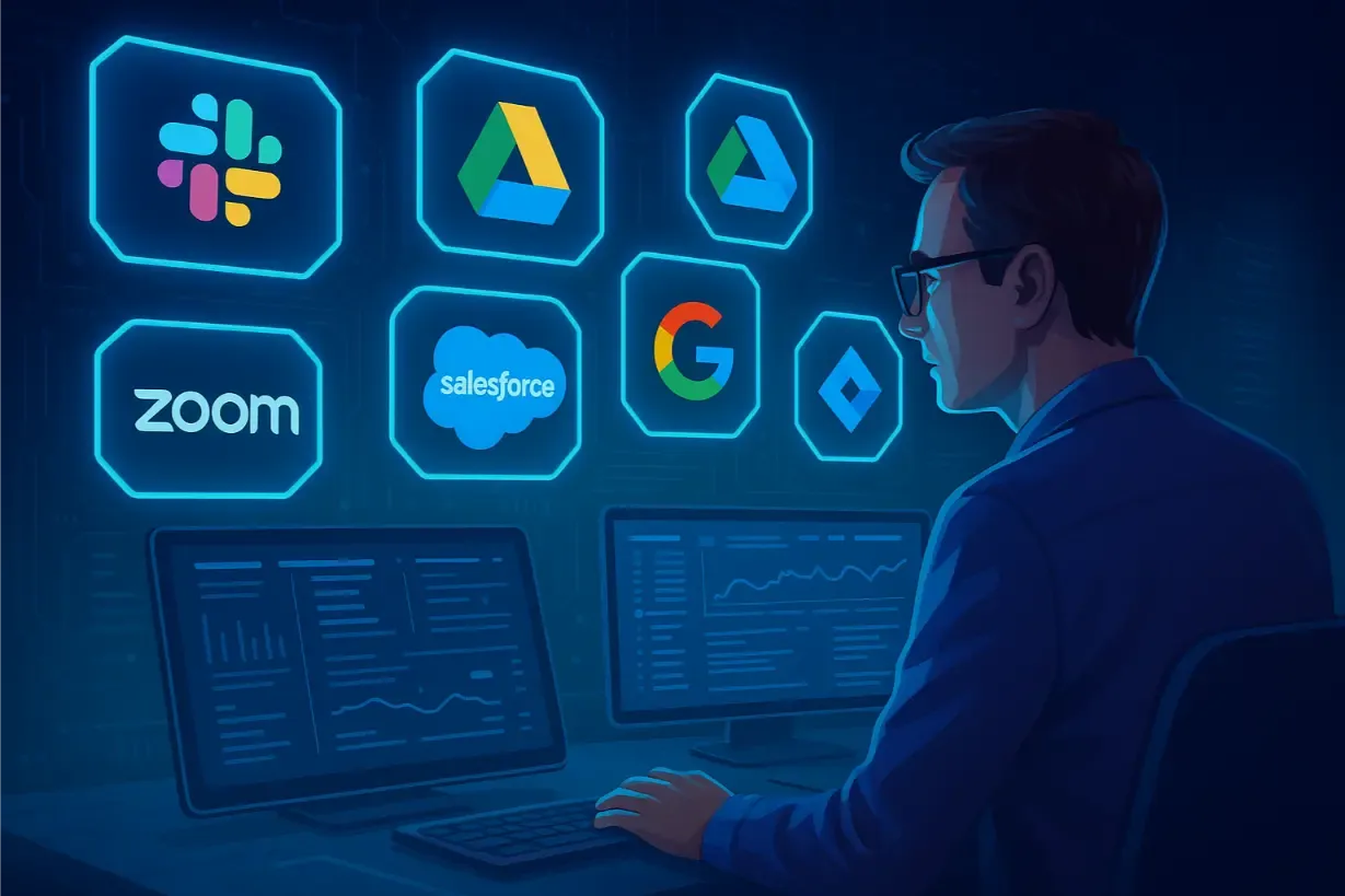 Responsable IT entouré des logos d’applications SaaS courantes
