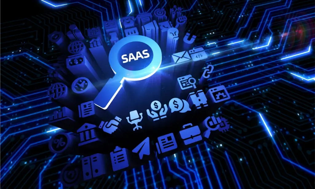 Loupe sur un réseau d’icônes d’applications SaaS
