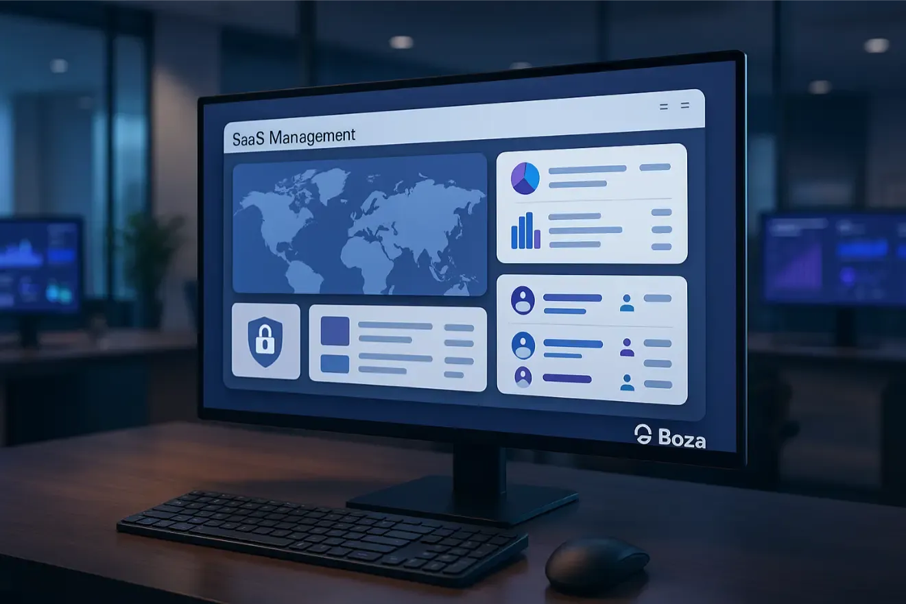Écran d’une plateforme de gestion SaaS avec carte, sécurité et utilisateurs