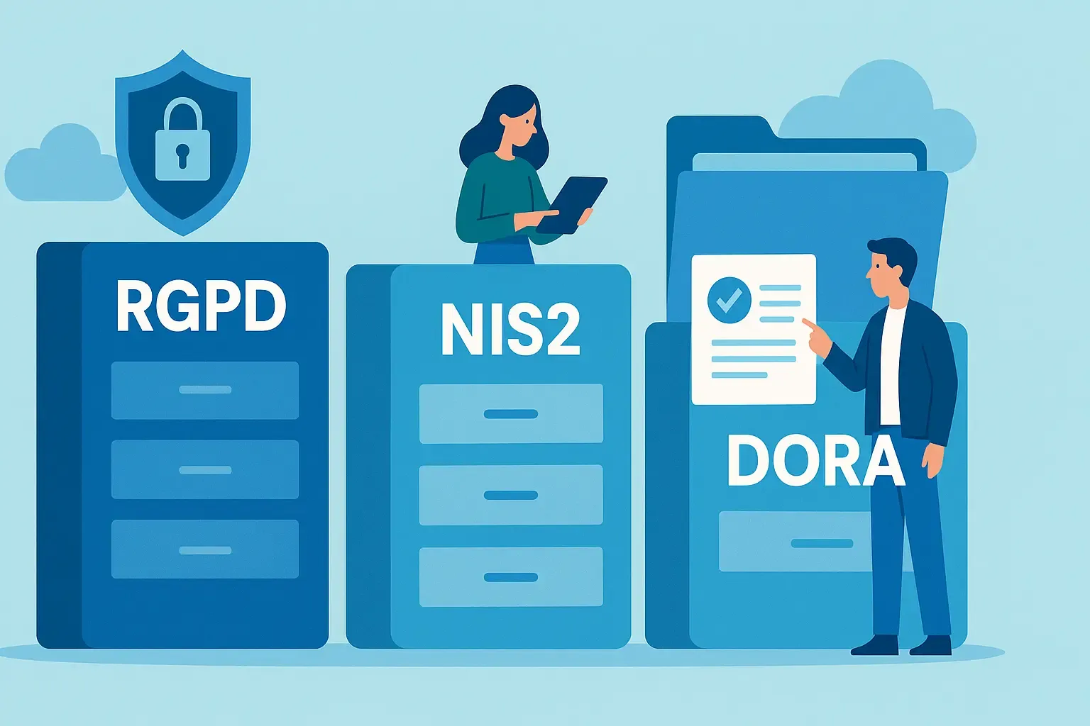 Illustration de classeurs RGPD, NIS2 et DORA avec deux collaborateurs
