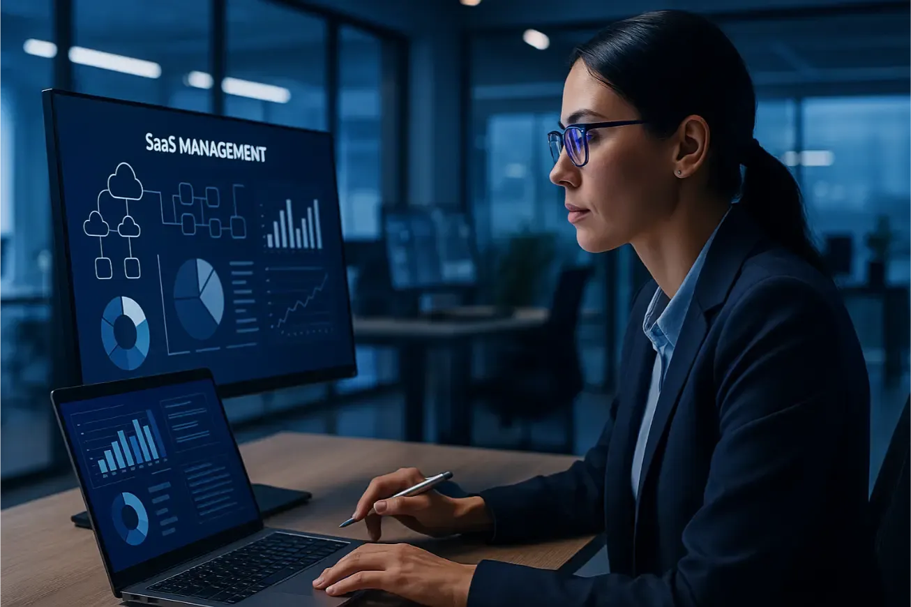 Responsable concentrée devant un tableau de bord de gestion SaaS