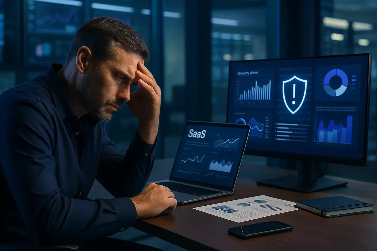 Responsable IT soucieux face à une alerte sur ses tableaux de bord