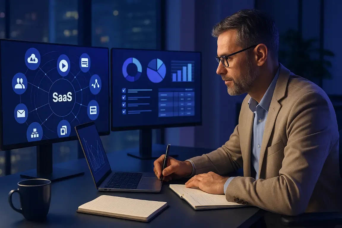 Responsable IT prenant des notes devant une carte d’applications SaaS