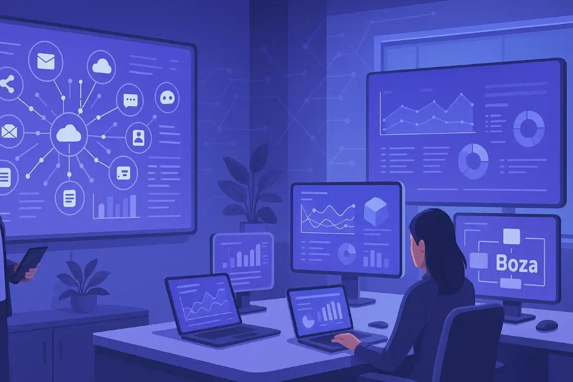 Illustration d’un environnement SaaS : applications cloud reliées entre elles et tableaux de bord