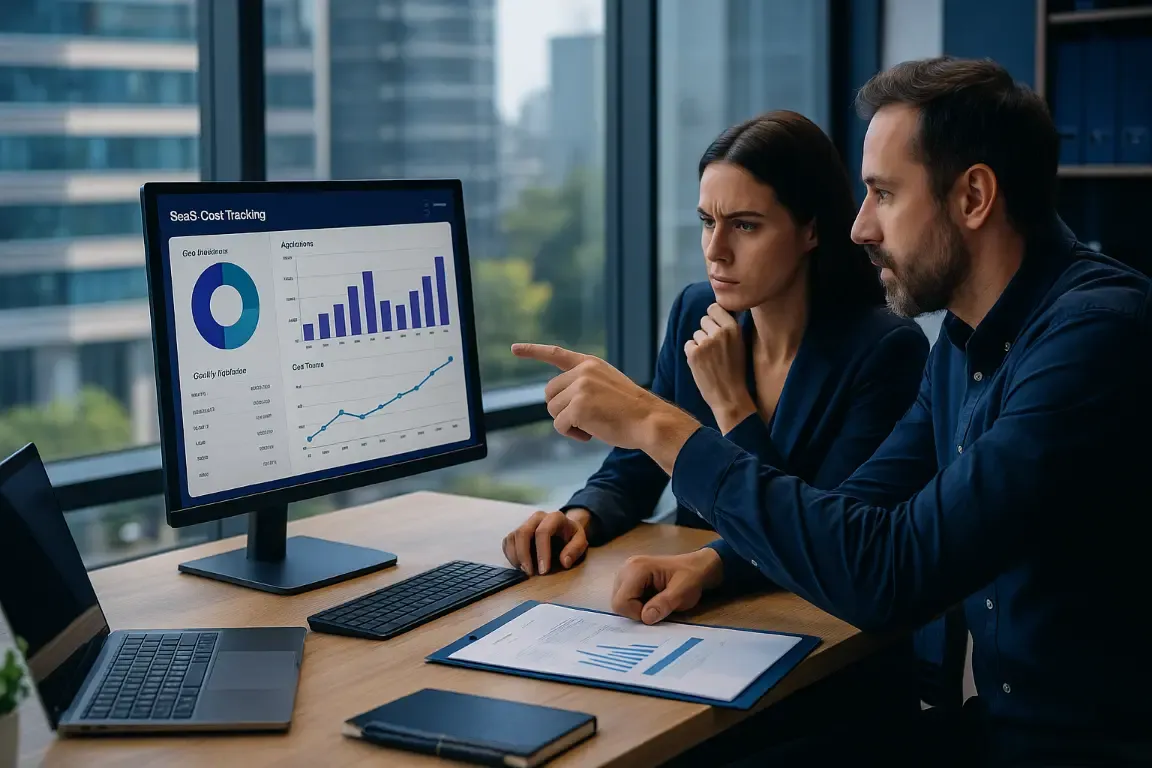 Deux collaborateurs analysant le suivi des coûts SaaS à l’écran