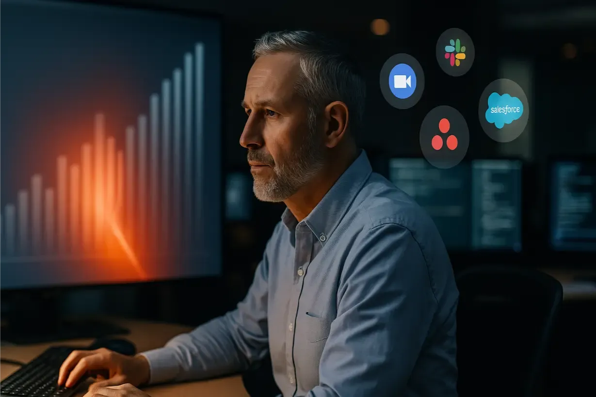 Responsable IT pensif devant un graphique de coûts en hausse et des logos d’applications