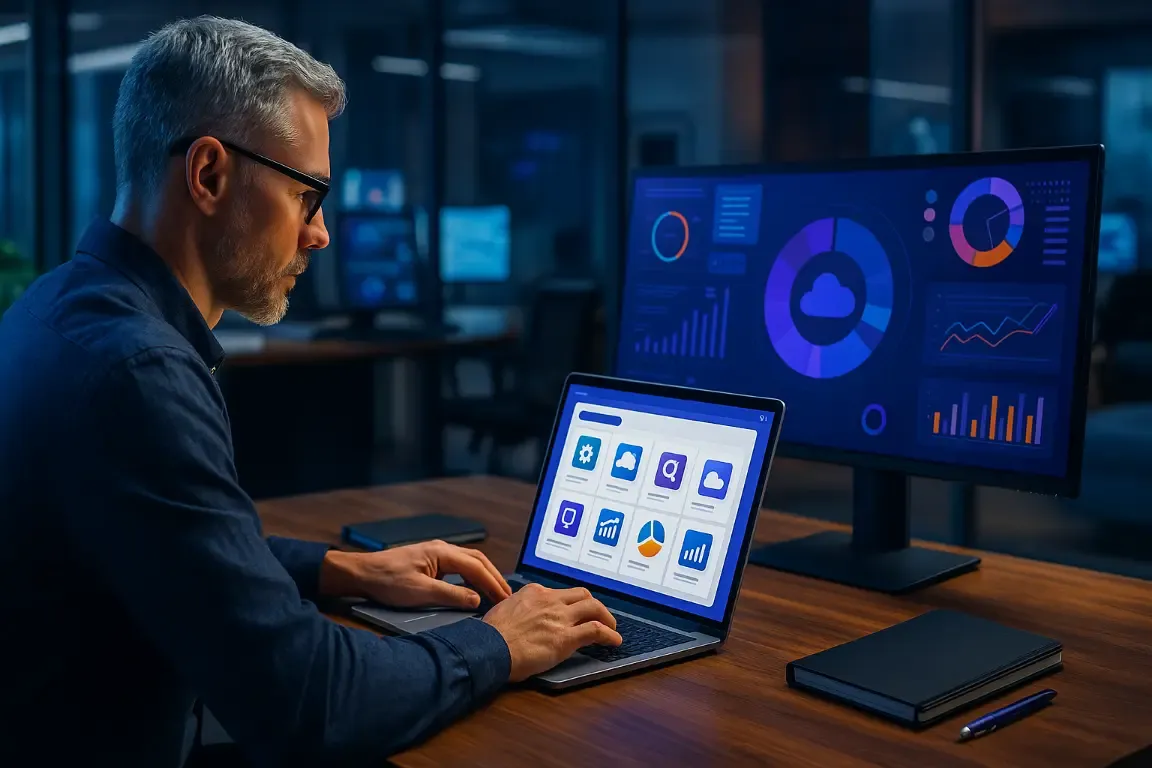 Responsable IT consultant un catalogue de logiciels sur ordinateur et écran