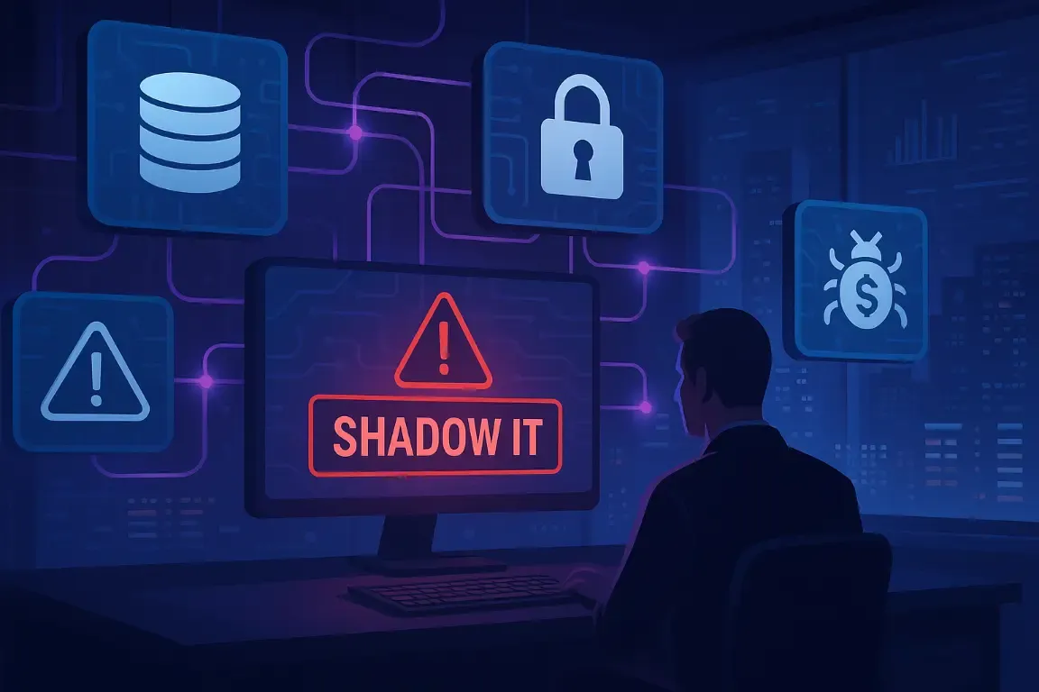 Illustration des risques du shadow IT : alerte, base de données, cadenas et menace
