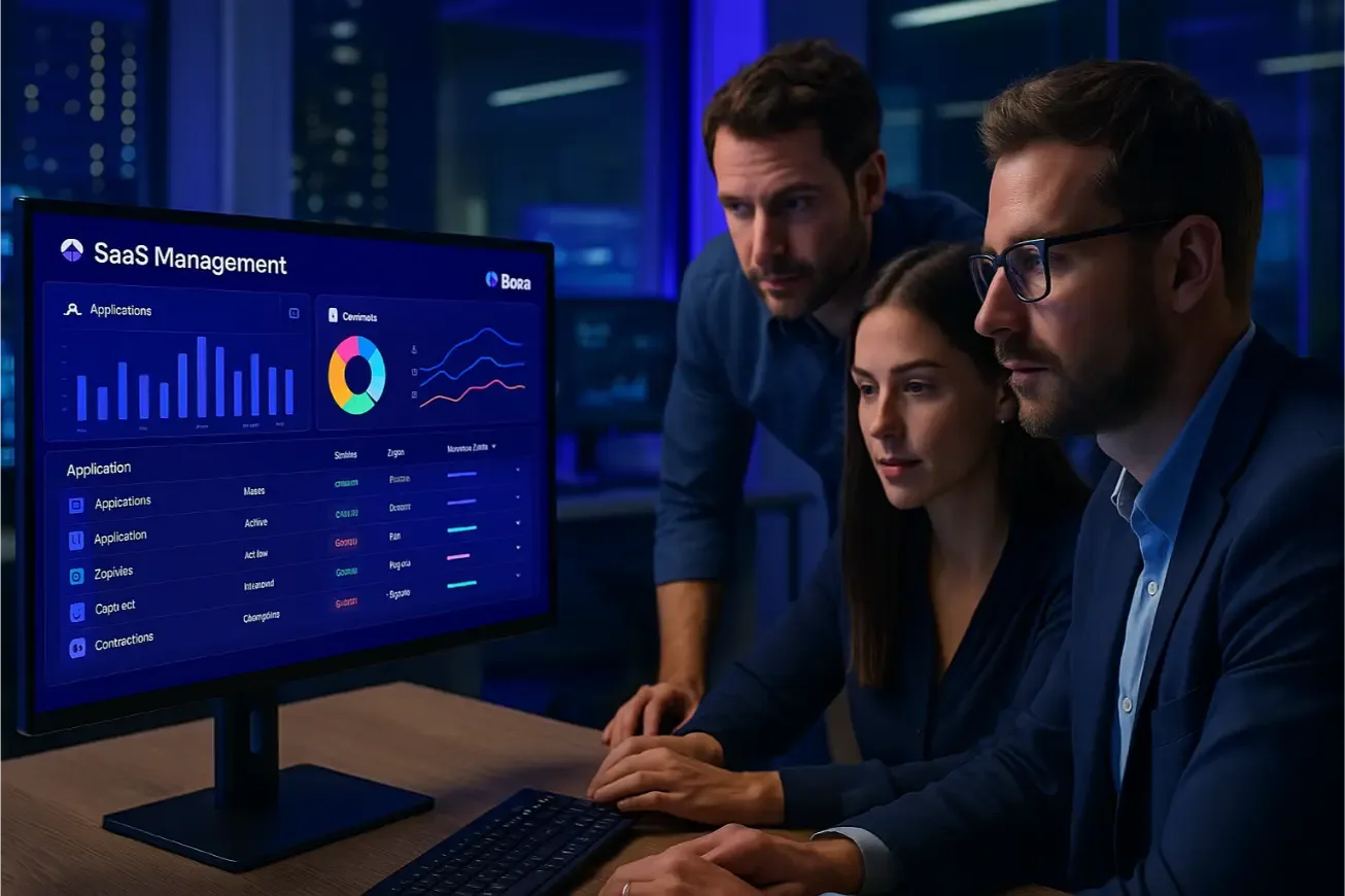 Équipe IT examinant un tableau de bord de gestion des contrats SaaS