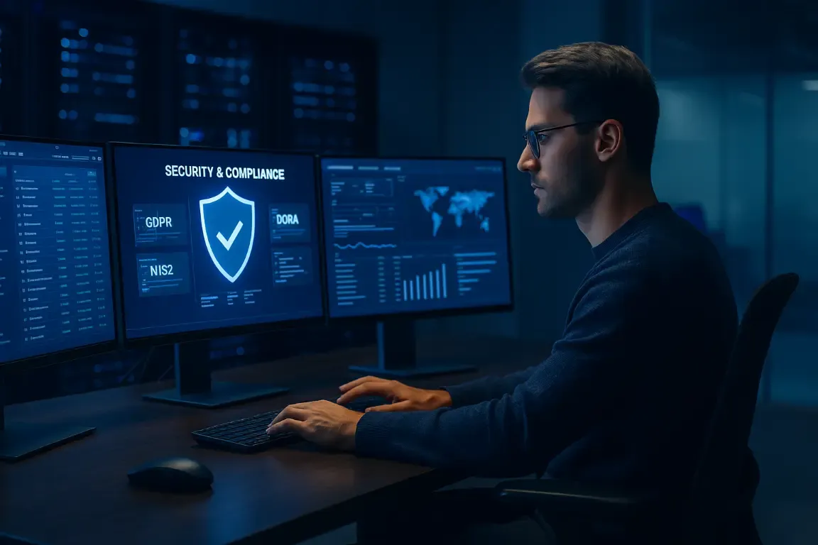Responsable IT devant un tableau de bord de sécurité et de conformité