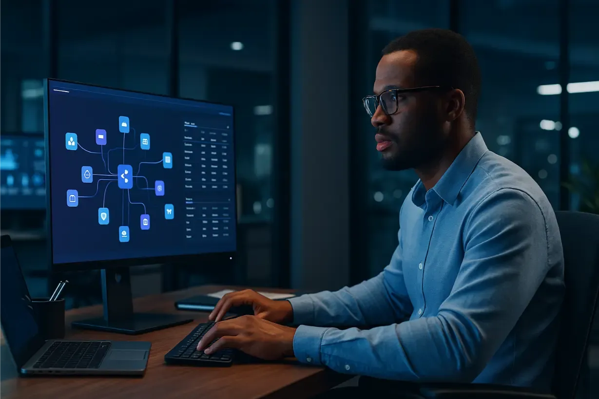 Analyste consultant une cartographie des applications sur son écran