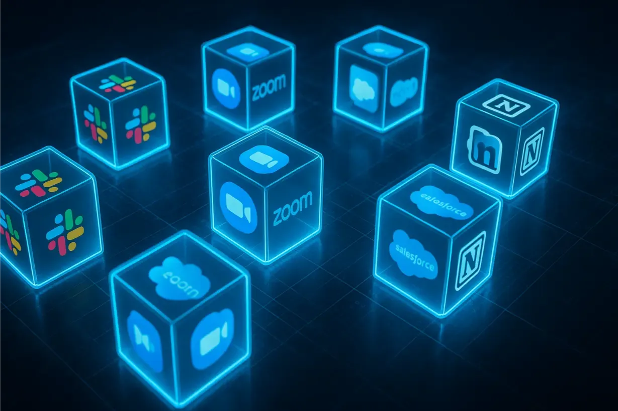 Cubes lumineux portant les logos d’applications SaaS en double