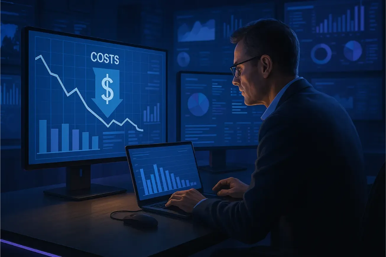DSI devant un écran montrant la baisse des coûts logiciels