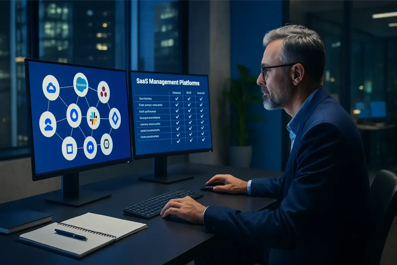 DSI comparant des plateformes de gestion SaaS sur deux écrans
