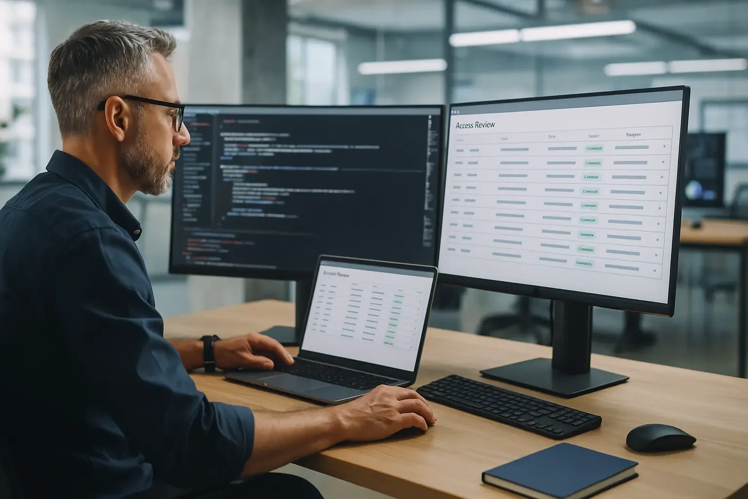 Responsable IT analysant des listes d’accès sur plusieurs écrans