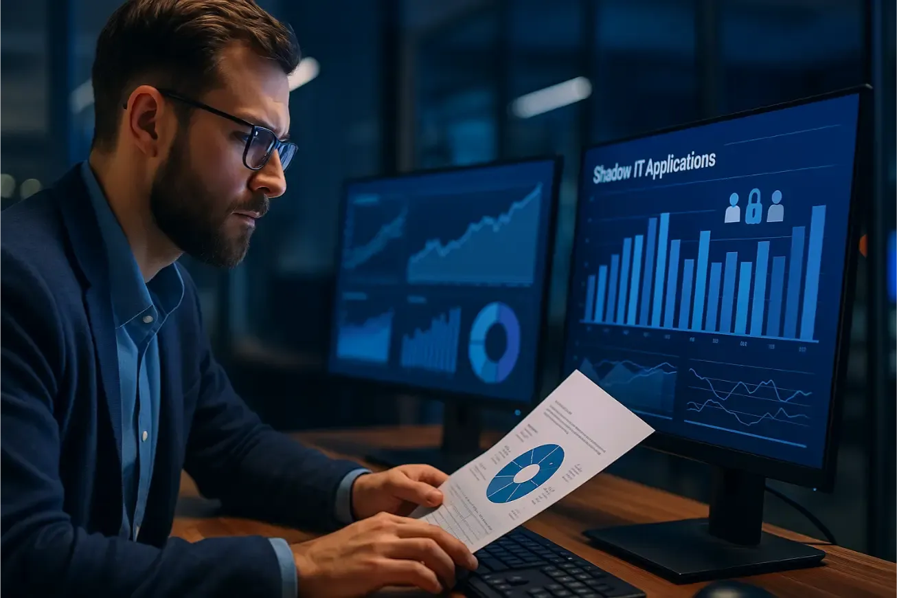 Responsable IT comparant un rapport papier aux applications de shadow IT à l’écran