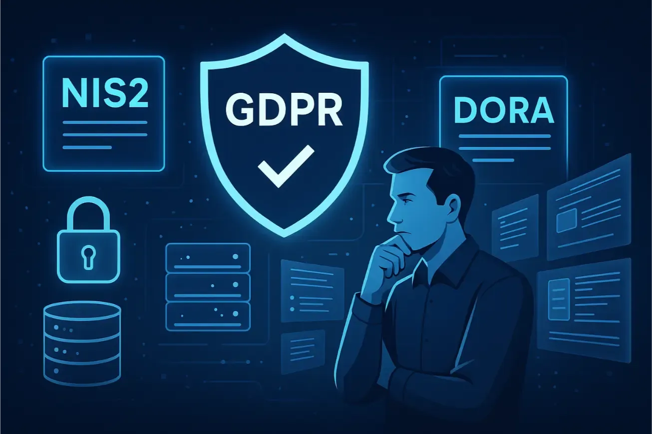 Responsable IT pensif entouré des repères NIS2, RGPD et DORA