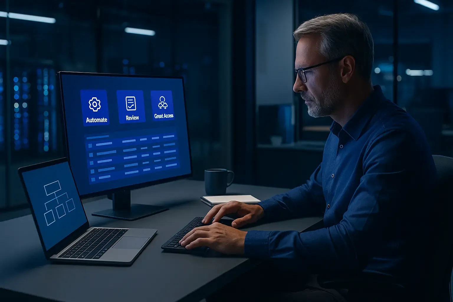 Responsable IT automatisant une revue des accès sur ordinateur portable