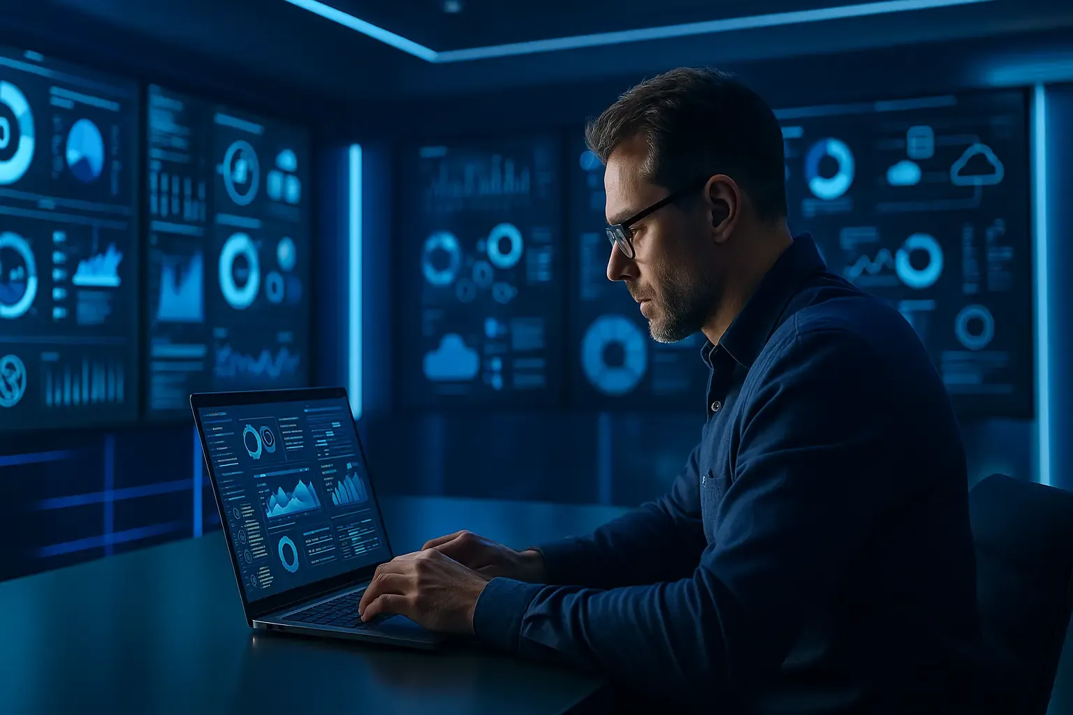 Responsable IT surveillant des applications sur un mur d’écrans