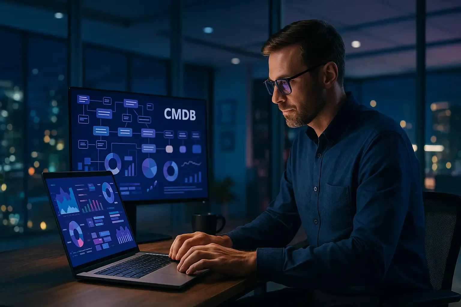 Responsable IT consultant une CMDB sur plusieurs écrans