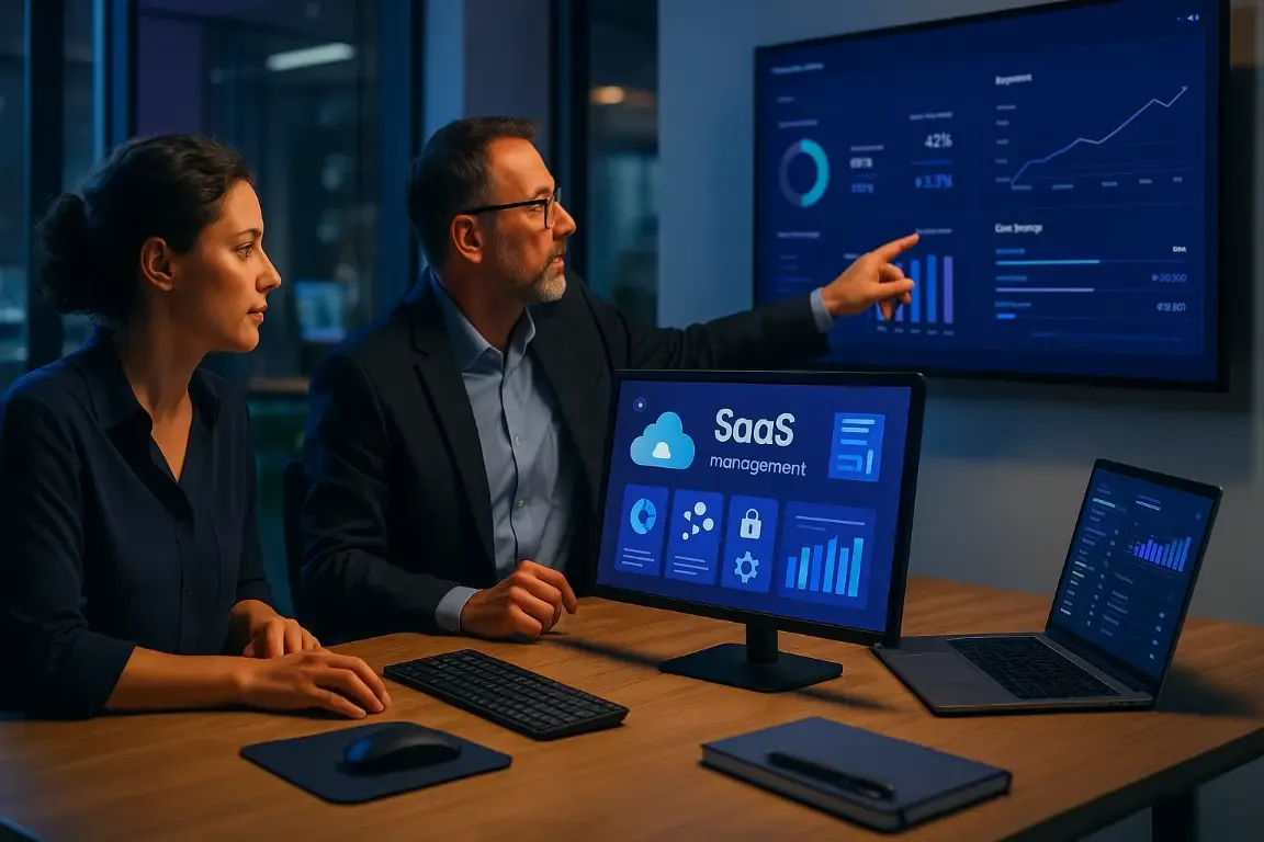 DSI présentant un tableau de bord SaaS à une collègue