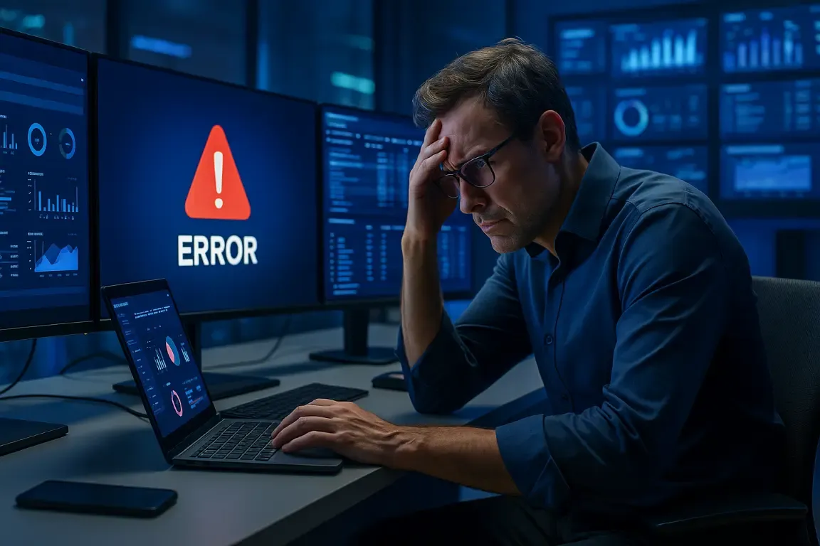 Responsable IT découragé devant un écran affichant une erreur