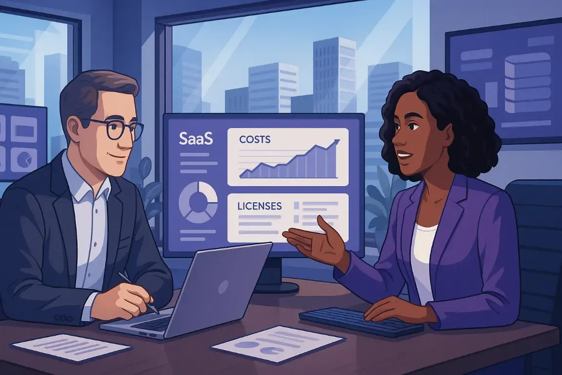 Illustration de deux responsables comparant coûts et licences SaaS