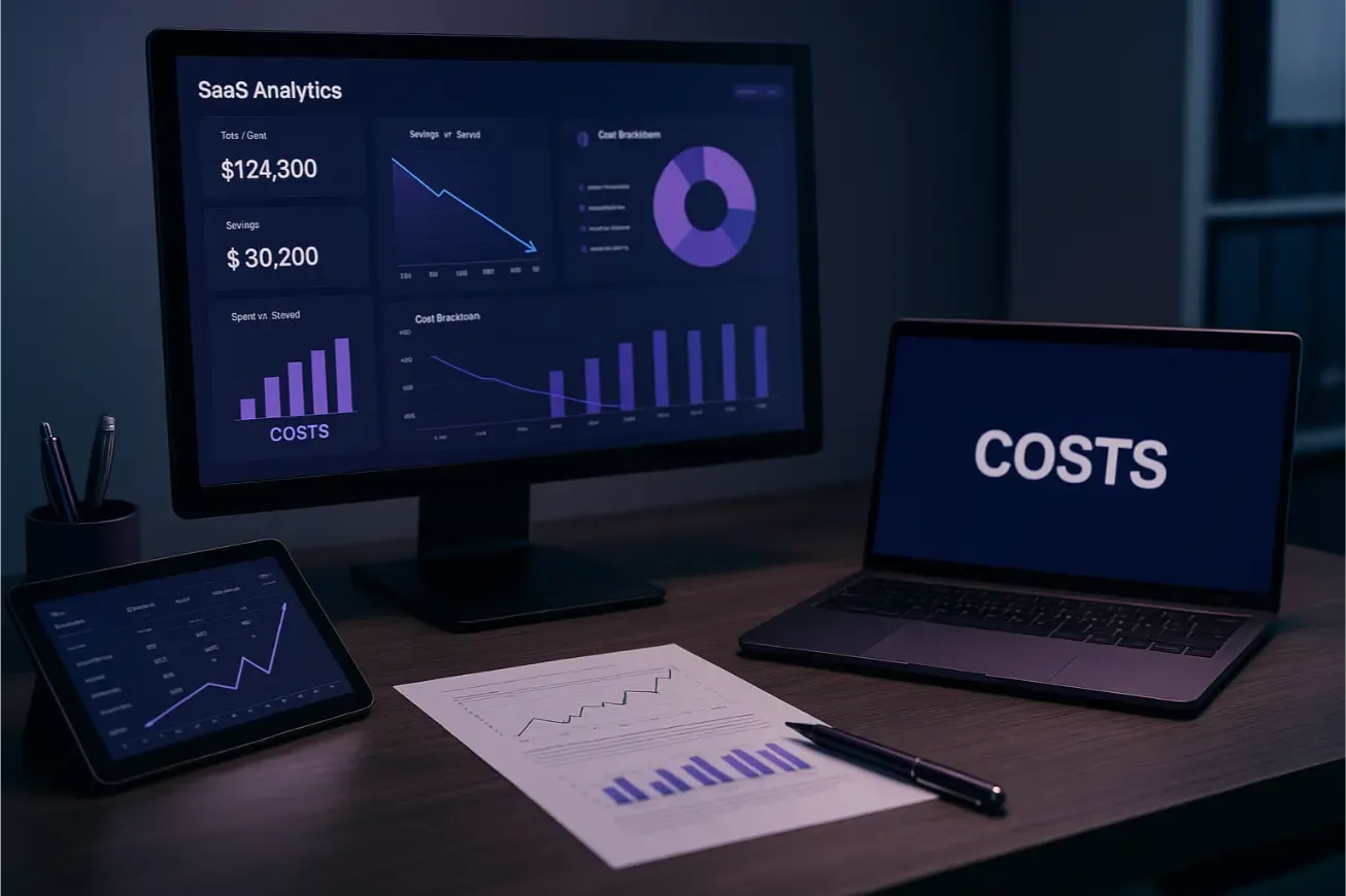 Écrans d’analyse des coûts SaaS et ordinateur portable affichant le mot coûts