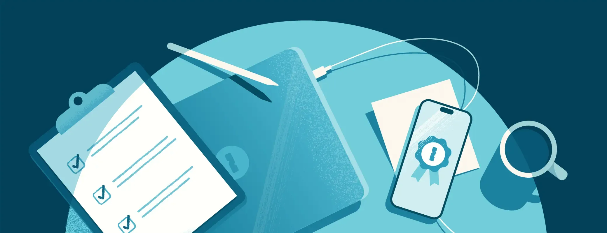 Illustration de documents, d’un téléphone et d’un badge de certification