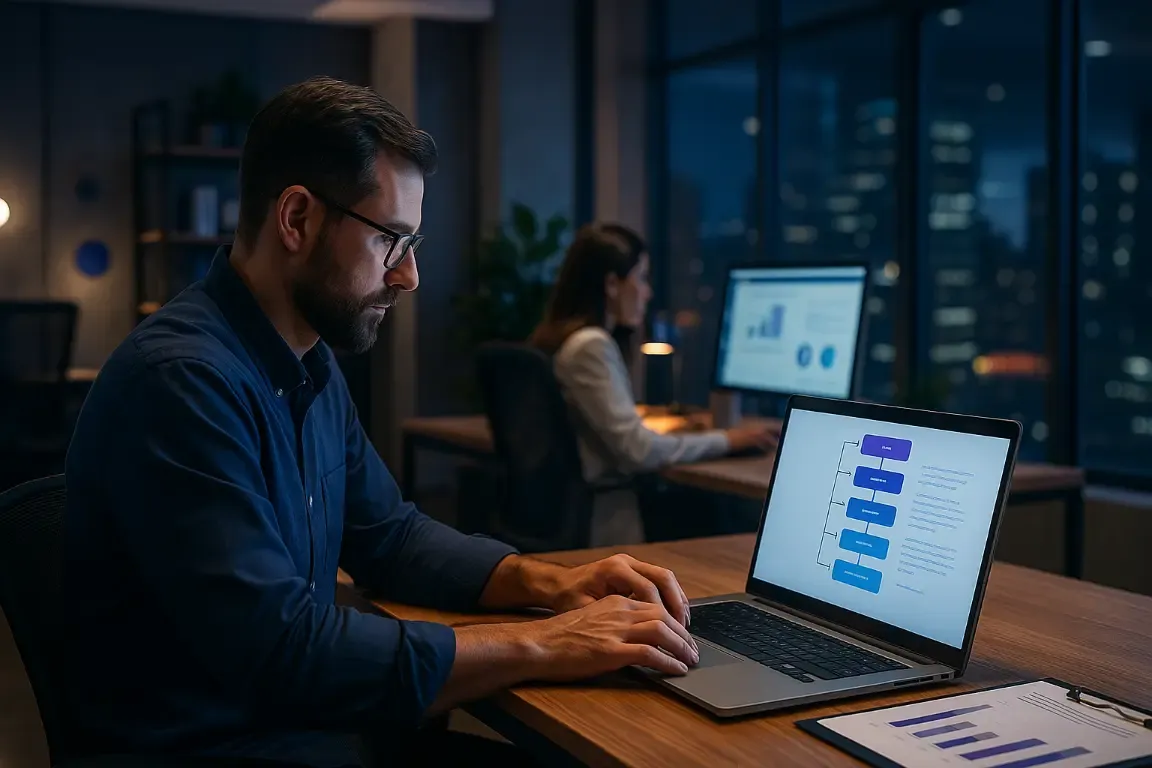 Responsable IT travaillant sur son ordinateur portable le soir