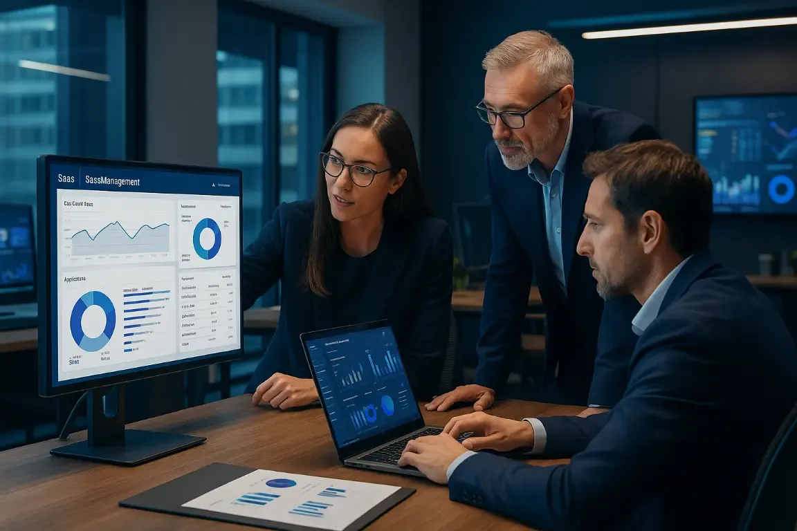Équipe réunie autour d’un écran de gestion SaaS