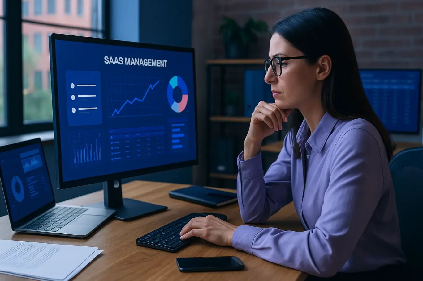 Responsable pensive devant un tableau de bord de gestion SaaS