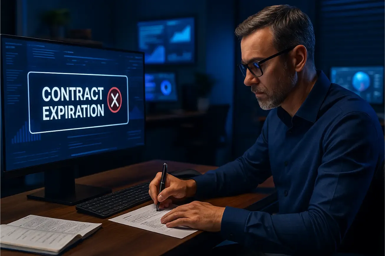 Responsable signant un document devant un écran d’alerte d’expiration de contrat