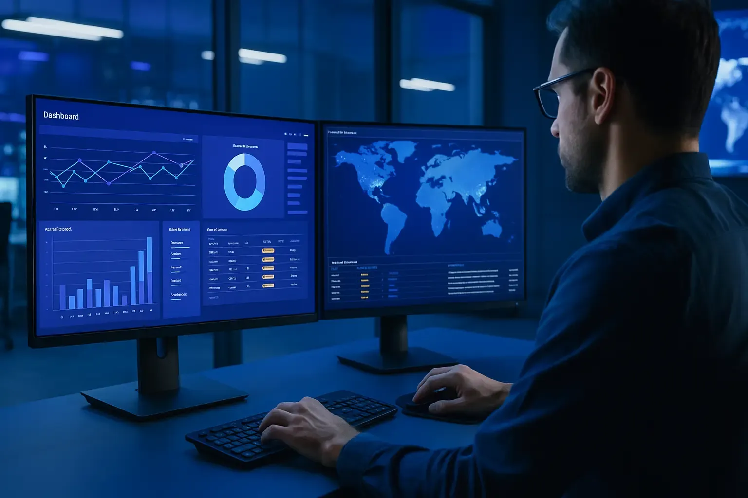 Responsable IT suivant les indicateurs d’accès sur plusieurs écrans