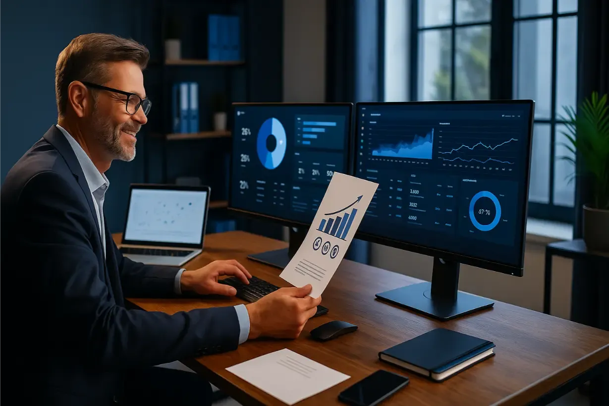Responsable IT satisfait tenant un rapport d’inventaire logiciel
