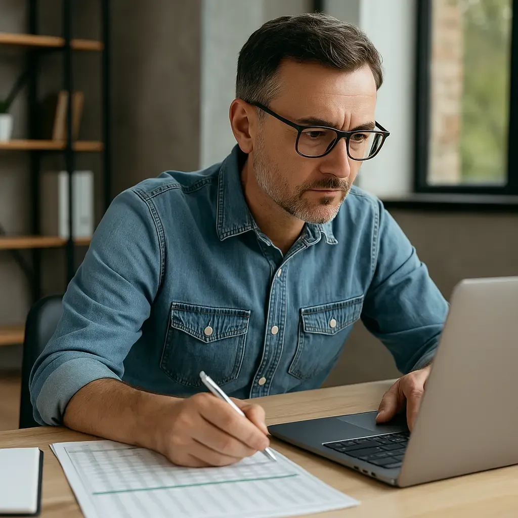 Responsable IT prenant des notes devant son ordinateur