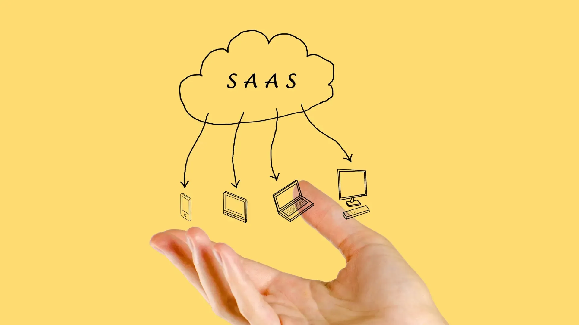 Main sous un nuage SaaS relié à plusieurs appareils