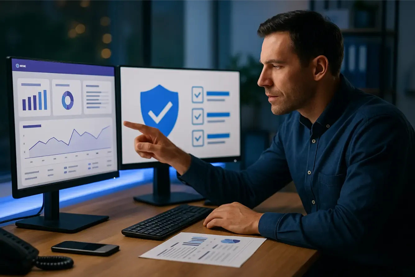 Responsable IT pointant un écran de conformité avec une liste de contrôles validés