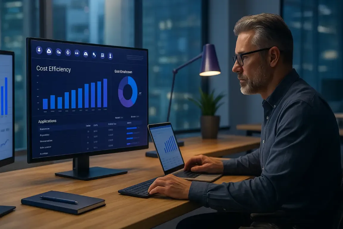 Responsable IT devant un tableau de bord d’efficacité des coûts