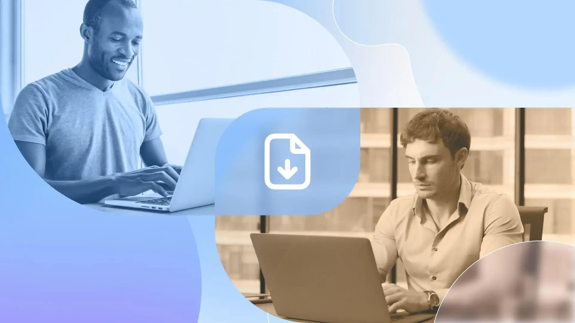Deux collaborateurs sur ordinateur portable, avec une icône de téléchargement
