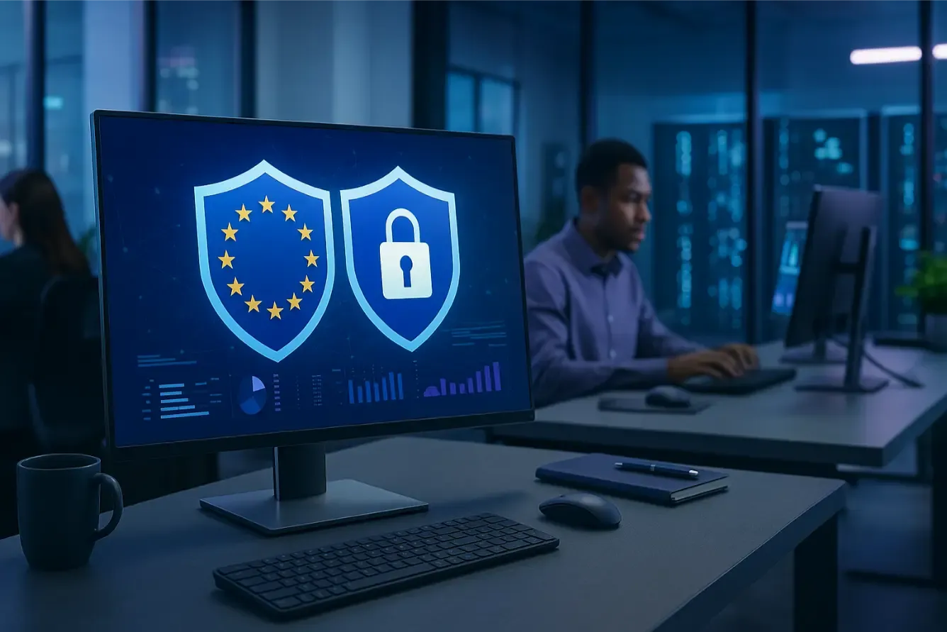 Écran affichant un bouclier européen et un cadenas, symboles du RGPD et de DORA