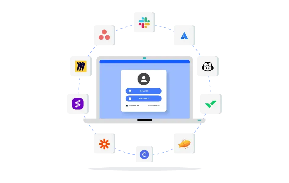 Écran de connexion entouré des logos d’applications SaaS