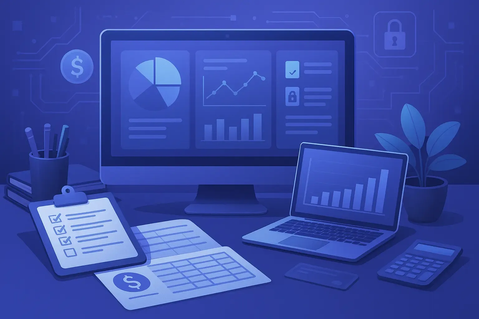 Illustration d’un bureau avec tableaux de bord de dépenses et calculatrice